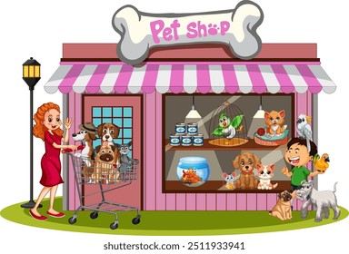 A lively pet shop with animals and people