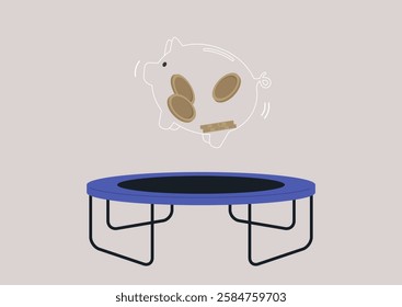 A lively piggy bank bounces joyfully on a trampoline, showcasing the playful blend of saving money and engaging activities, Perfectly designed for imaginative young savers