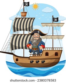 Ein lebhafter Pirat, der auf einem Schiff im riesigen Meer segelt