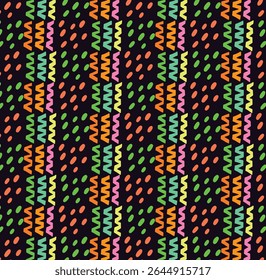 A lively and playful seamless abstract pattern featuring vertical columns of hand-drawn zigzag lines in vibrant pink, orange, and light green, alternating with columns of scattered irregular dots