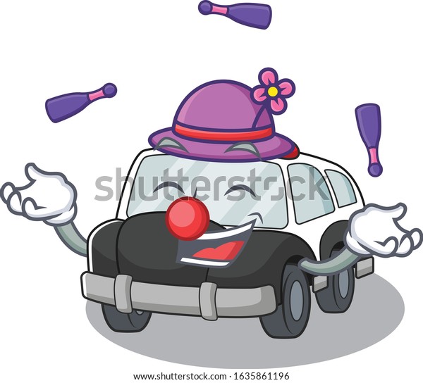 a lively police car cartoon character design\
playing Juggling