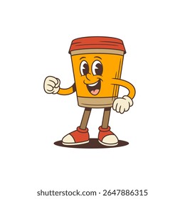 Lively and positive coffee cup mascot with expressive face. Character poses confidently with fist near chest and thumbs up, perfect for marketing, social media, advertising, and cafe branding projects