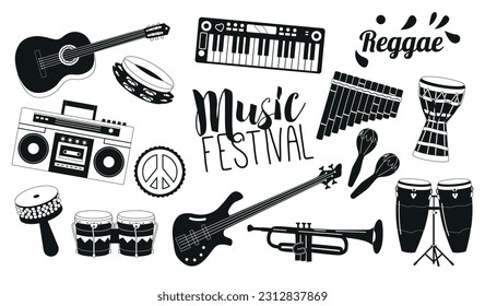 Lively Reggae-inspired Musical Instrument Isolated Black Icons Set, Featuring Drums, Bass Guitar, Keyboard, Saxophone