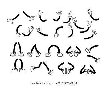 Lively Retro Cartoon Limbs In Retro Style. Vector Hands With Four Plump Fingers Each, Wearing White Gloves, And Legs