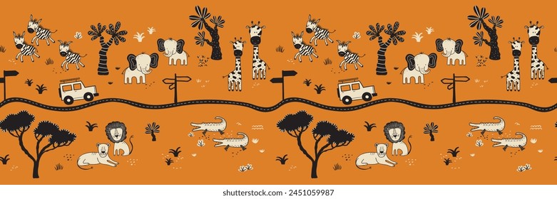 Lively safari adventure with our My Beautiful Savanna seamless pattern. Cartoon animals roam freely against a warm burnt orange backdrop, capturing African wilderness in a playful design.