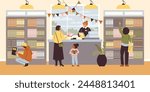 A lively scene at a bookstore, where patrons engage with literature, peruse towering shelves, and a clerk assists at the counter, perfect for a vector representation.