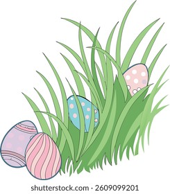 A lively scene featuring fresh green grass scattered with colorful Easter eggs, set against a transparent background. Perfect for Easter-themed designs, this illustration offers a cheerful and festive