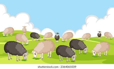 A lively scene of numerous black and white sheep grazing in a field