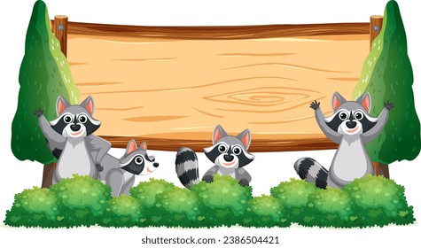 A lively scene of raccoons amidst trees and bushes, with a wooden signboard banner
