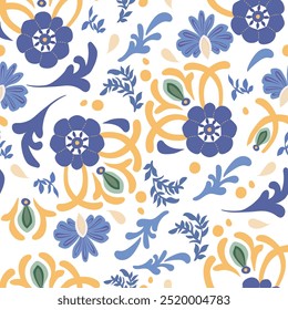 A lively seamless floral pattern combining blue, yellow, and green hues with abstract leaves and flowers. Ideal for textiles, wallpapers, or creative projects that require a vibrant, nature-inspired d