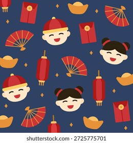 Ein lebendiges, nahtloses Muster mit chinesischen Laternen, Handfans, roten Umschlägen, Goldbarren und süßen chinesischen Jungen- und Mädchenfiguren auf tiefblauem Hintergrund. Perfekt für Kinderprodukte, festliche Drucke und Dekorationen zum Mond-Neujahr.