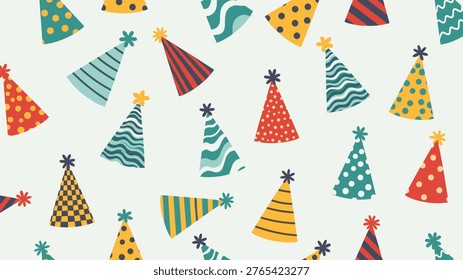 Lively seamless pattern featuring a joyful assortment of colorful party hats with various playful patterns, perfect for festive celebrations.