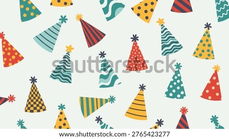 Lively seamless pattern featuring a joyful assortment of colorful party hats with various playful patterns, perfect for festive celebrations.
