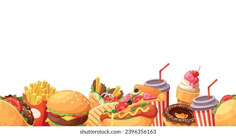 Lively Seamless Pattern Featuring A Medley Of Delicious Fast Food, Burgers, Fries, Pizzas, And Soda, Border Or Wallpaper