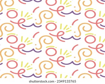  Lively seamless pattern featuring a vibrant collection of abstract line doodle shapes, symbols, and fun elements. Perfect for children's parties.