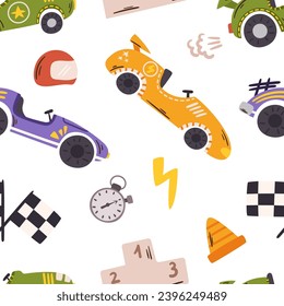 Lively Seamless Pattern Featuring Vibrant Race Cars Speeding Across The Design, Creating An Energetic And Dynamic Tile Suitable For Textiles, Wrapping Papers Or Wallpapers. Cartoon Vector Illustration