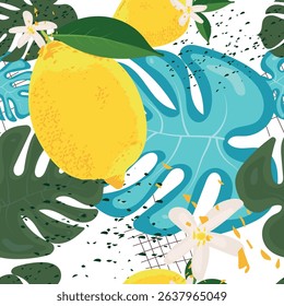 
Lively seamless pattern featuring vibrant lemons, exotic green and blue monstera leaves, and fresh lemon blossoms. Perfect for summer designs, textiles, and refreshing backgrounds.Vector