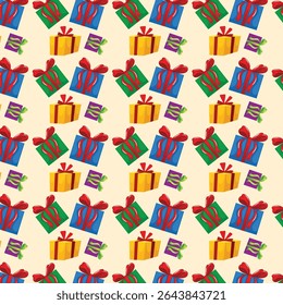 A lively seamless pattern showcasing an assortment of colorful gift boxes with ribbons, perfect for festive occasions