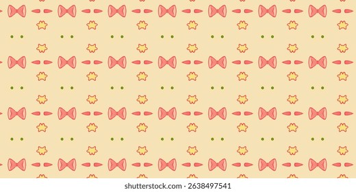 A lively seamless pattern showcasing coral bowtie shapes, stars, and green dots on a soft cream background.