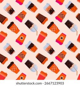 A lively, seamless pattern showcasing a group of disposable coffee cups with orange elements. Geometric background design. Ideal for print, wallpaper, textiles, and wrapping paper. Hand-drawn vector