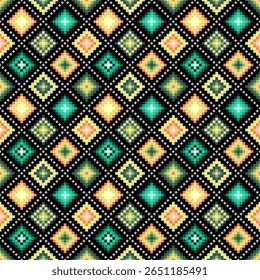 Un motif lumineux harmonieux de pixel art, motifs colorés de diamants géométriques ethniques en sarcelle, pêche, jaune, crème sur fond noir. design textile, imprimés de mode enjoués, culture vivante.