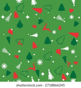 Um design de vetor sem emenda animado em um fundo verde espalhado com ícones de feriado vermelhos e brancos, incluindo renas, árvores, estrelas e ornamentos. Adequado para convites festivos, gráficos da web, scrapbooking e produtos temáticos de férias.
