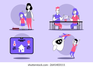Lively set of family interactions, including mother with her daughter, people discussing ideas, and playful moments with technology. Skill development concept