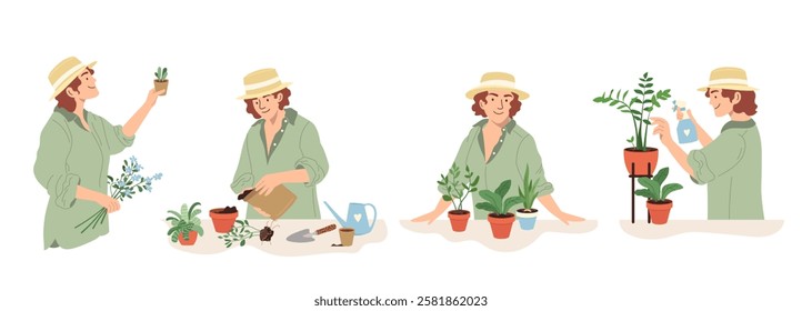 Lively set of joyful woman caring for potted plants, showcasing home gardening and houseplant care. Flat vector illustration highlights trend of nurturing greenery indoors isolated on white background