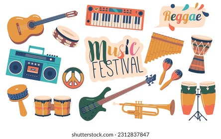 Lively Set Of Reggae Musical Instruments. Drums, Bass Guitar, Electric Guitar, Keyboard, Flute, maracas, Tape Recorder