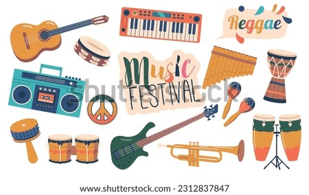 Lively Set Of Reggae Musical Instruments. Drums, Bass Guitar, Electric Guitar, Keyboard, Flute, maracas, Tape Recorder