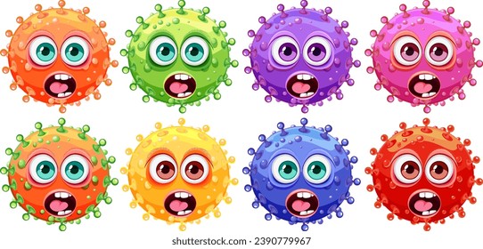 A lively set of vector illustrations featuring monstrous cartoon characters representing bacteria, germs, and viruses