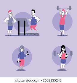 Lively setting with individuals of different ages and fitness levels participating in various exercises. Health and vitality through engaging workouts concept