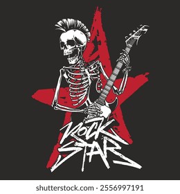 A lively skeleton dressed in punk style plays an electric guitar against a bold red star backdrop. The design captures the spirit of rock music and youthful rebellion.