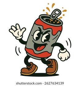 Lively soda can character splashing drink while waving, exuding fun and energetic vibes, ideal for beverage advertisements, party invitations, and retro designs.