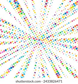 A lively starburst of colorful bubbles radiates from the center, creating a dynamic and joyful pattern against a white background.