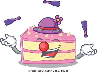 a lively strawberry slice cake cartoon character design playing Juggling