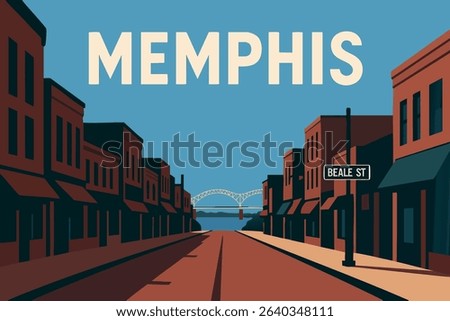 A lively street scene of Beale Street in Memphis, with its iconic neon lights and music-filled atmosphere, complemented by the Mississippi River in the distance.