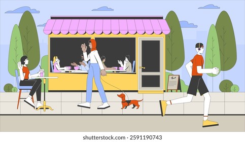 Lively street scene with cozy cafe outdoors flat illustration. Diverse people socializing, drinking coffee, walking dog, jogging 2D characters cartoon background. Colorful scene vector art image