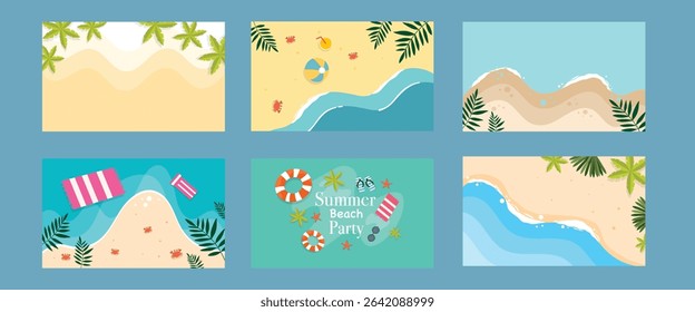 A lively summer background collection with beach party theme surfboards palm trees sand and ocean waves