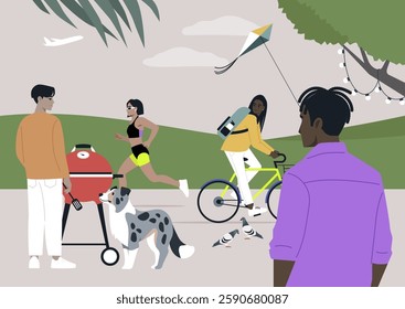 Lively summer park atmosphere features friends barbecuing, a runner enjoying the trail, cyclists exploring paths, and a playful dog, creating a vibrant community moment