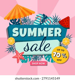 A lively summer sale poster featuring a blue and green banner with white and black text