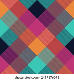 Lively tartan design, uncomplicated pixelated geometric texture suitable for fabric plaid, picnic tablecloths, or oilcloth. Classic retro-style blanket and chic scarf depicted in vector illustration.