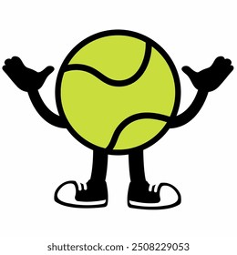 A lively "Tennis Ball Mascot Character 12" in cartoon vector style, ideal for sports branding, team logos, and promotions, adding a fun and dynamic touch to any design.