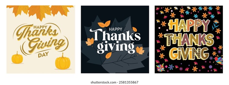 Lively Thanksgiving greetings. Featuring colorful designs, fall foliage, and seasonal elements that symbolize holiday joy and togetherness. Thanksgiving concept. Set flat vector illustration.