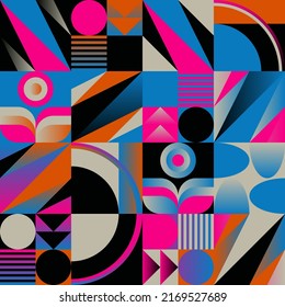 Lively trendy naive seamless pattern graphics with art nouveau motif aesthetics, built with a generative design approach and minimalist geometric forms and abstract vector shapes.