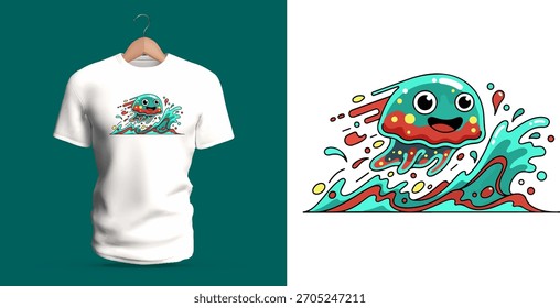 Um design animado de camiseta exibindo uma criatura marinha gelatinosa surfando em uma onda de splash colorida, cercada por pontos, gotejamento e linhas de movimento de desenhos animados arrojados. As formas dinâmicas, paleta aquática
