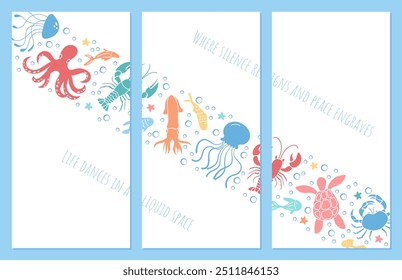 Lively underwater world filled with cheerful marine animals. Oceanic life featuring whimsical sea creatures and colorful reef scenes for graphic, poster template. Aquatic design with cartoon elements.