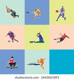 Un animado Vector de niños de dibujos animados que juegan varios deportes como tenis, fútbol y bádminton, mostrando diversión, energía y trabajo en equipo en colores brillantes.