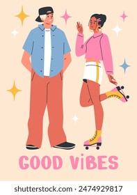 Lively vector illustration capturing the Y2K fashion vibe with two stylish characters: a male in a relaxed button-up and jeans, and a female in a chic cropped jacket and roller skates