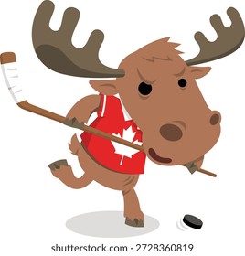 A lively vector illustration of a cartoon moose playing ice hockey, dressed in a red and white jersey with a Canadian maple leaf emblem. The moose is shown skating on ice with a hockey stick and puck, symbolizing Canada’s love for hockey, winter sports, and national pride. Ideal for Canada Day designs, sports graphics, kids’ illustrations, and promotional artwork.
